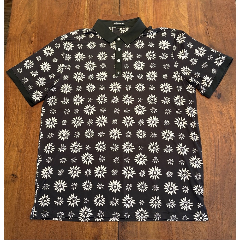 Byrd Gang Polo Shirt Mens Large Geometric Black Floral Golf Performance Stretch